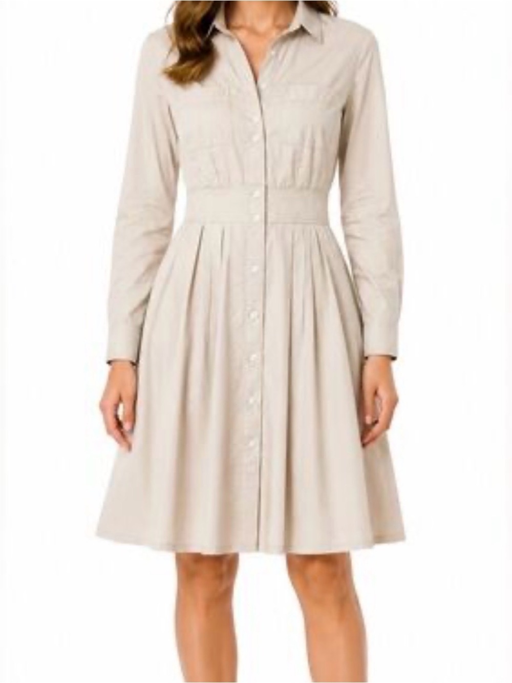 Club Monaco Classic Button-Front Shirt Dress in Light Beige